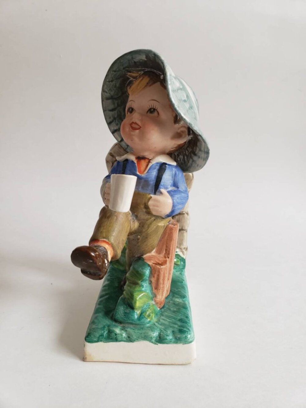 Vintage ceramic cute little boy with mug figurine ,unmarked , Japan?